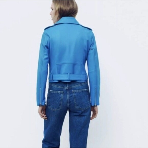 ZARA blue Faux Leather Biker Jacket Size S Moto chic streetwear urban fashion - Picture 2 of 10